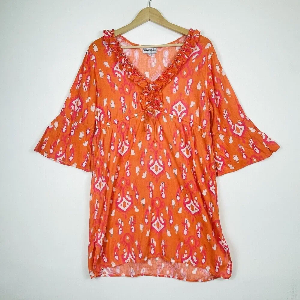 Mud Pie Dress Women Medium Orange Pink Ikat Ruffle Bell Sleeve Boho Coastal
